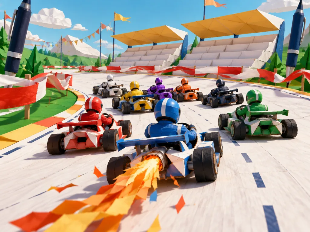 Grand Prix: delapan kart berhelm masuk tikungan pertama, satu kart biru boost dengan api dari sobekan kertas oranye.