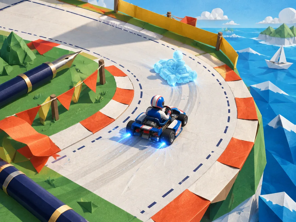 Time Trial: satu kart biru drift sendirian di hairpin tepi laut kertas, percikan biru di roda belakang, ghost transparan di depannya.