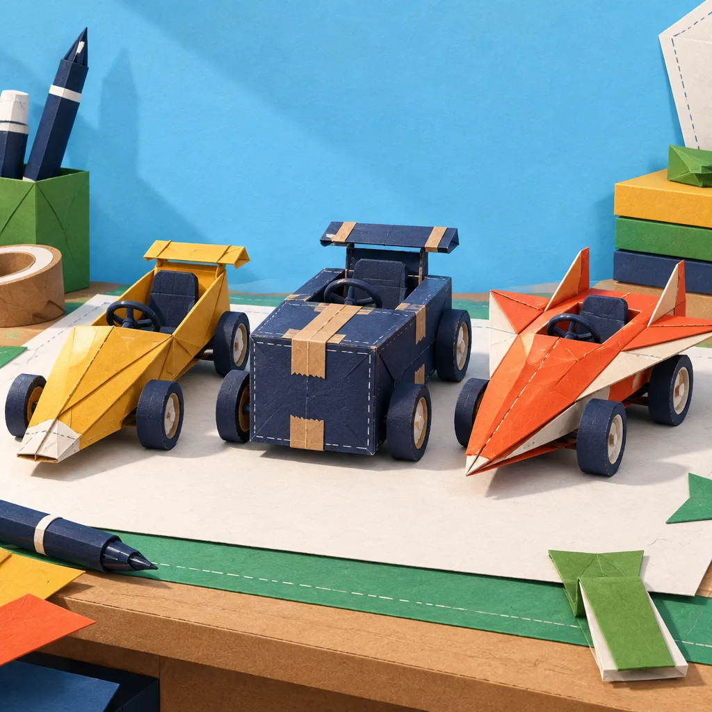 Tiga bodi kart dari kertas karton di meja kerja: Letter mustard yang ramping, Parcel navy berbentuk kotak paket bersolasi, dan Glider oranye berbentuk badan pesawat kertas.