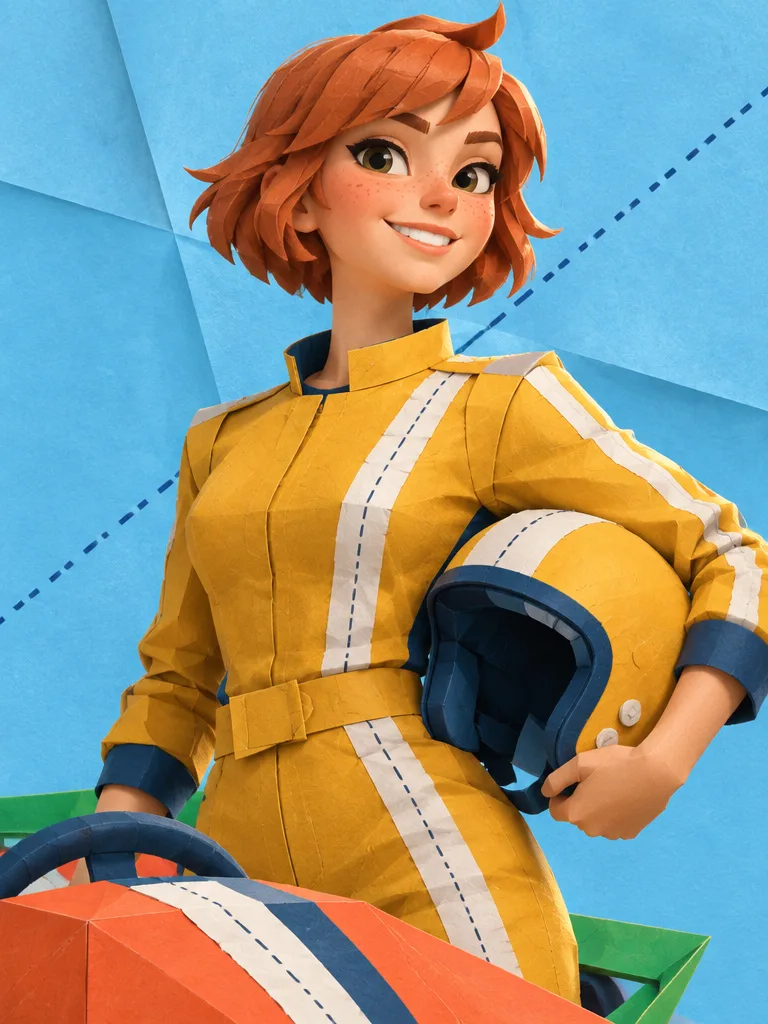 Pip Marlow, rambut tembaga pendek dan berbintik, baju balap mustard bergaris pita, helm di bawah lengan.